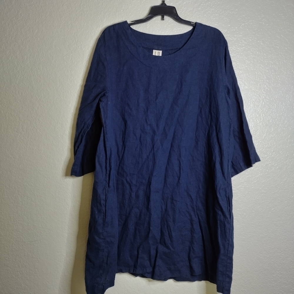 Len Ok linen langenlook loose crew neck pocket 3/4 sleeve dress sz XXL